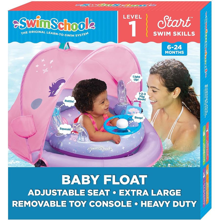 SwimSchool Baby Pool Float with Canopy, 5-Toy Console, Pink — view 2