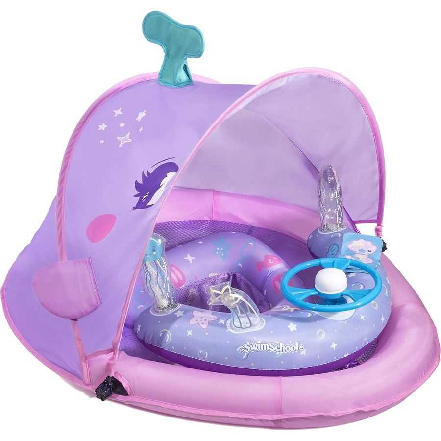 SwimSchool Baby Pool Float with Canopy, 5-Toy Console, Pink
