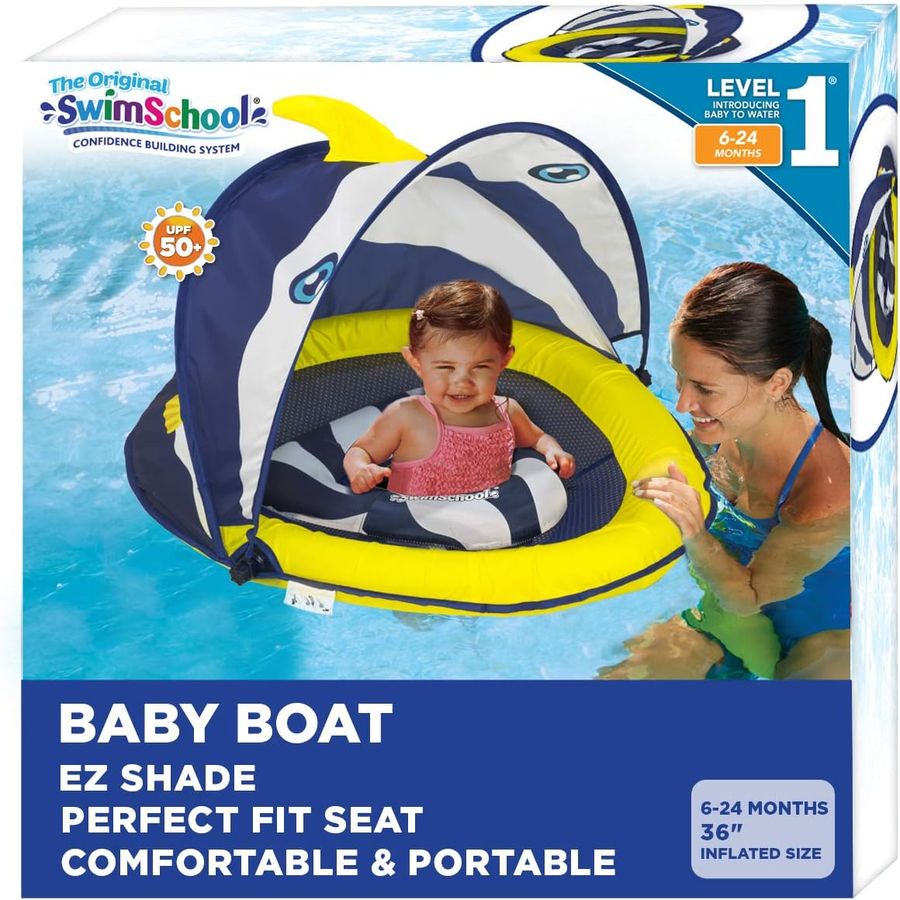 SwimSchool Deluxe Baby Float with Adjustable Canopy, Navy/White — view 2