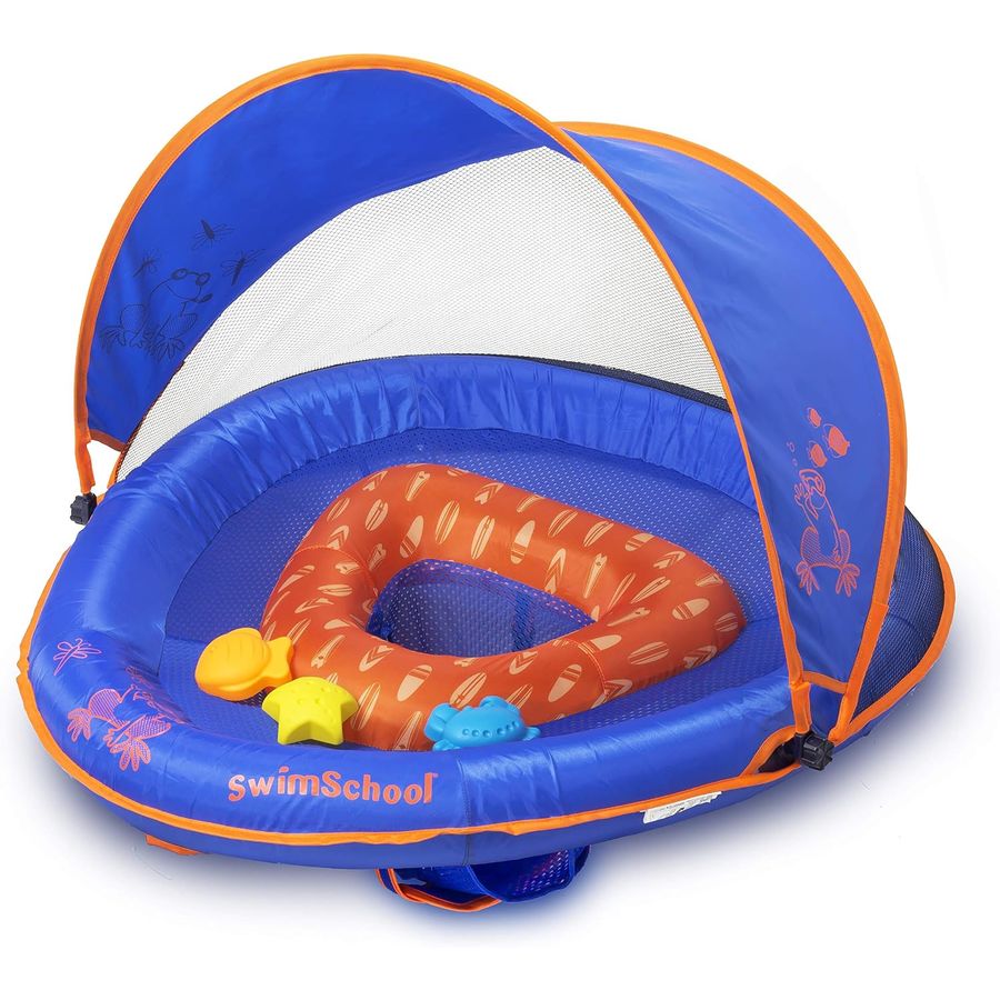 SwimSchool Deluxe Baby Float with Canopy, Blue/Orange