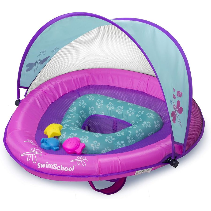 SwimSchool Deluxe Baby Pool Float with Canopy, Pink/Aqua