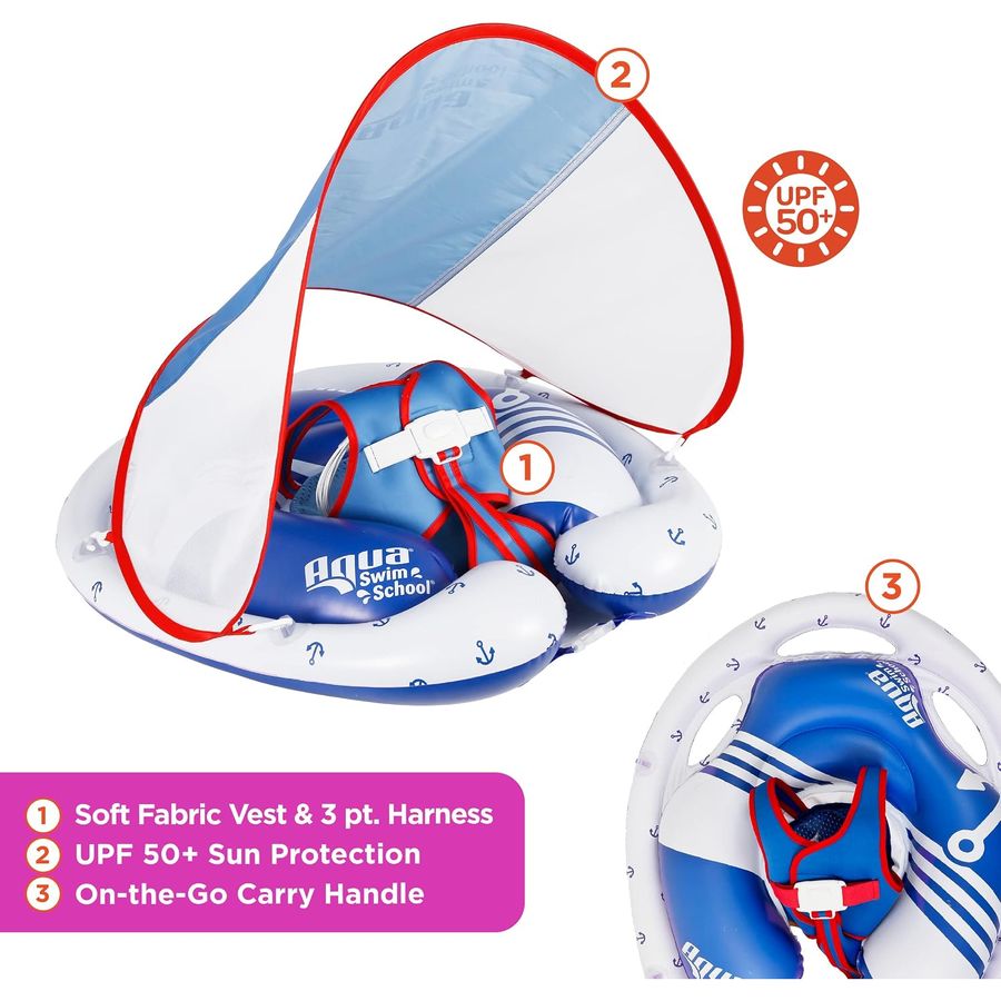SwimSchool Freestyle Swimmer Baby Pool Float with Sunshade Canopy, Red-White-Blue Nautical — view 2