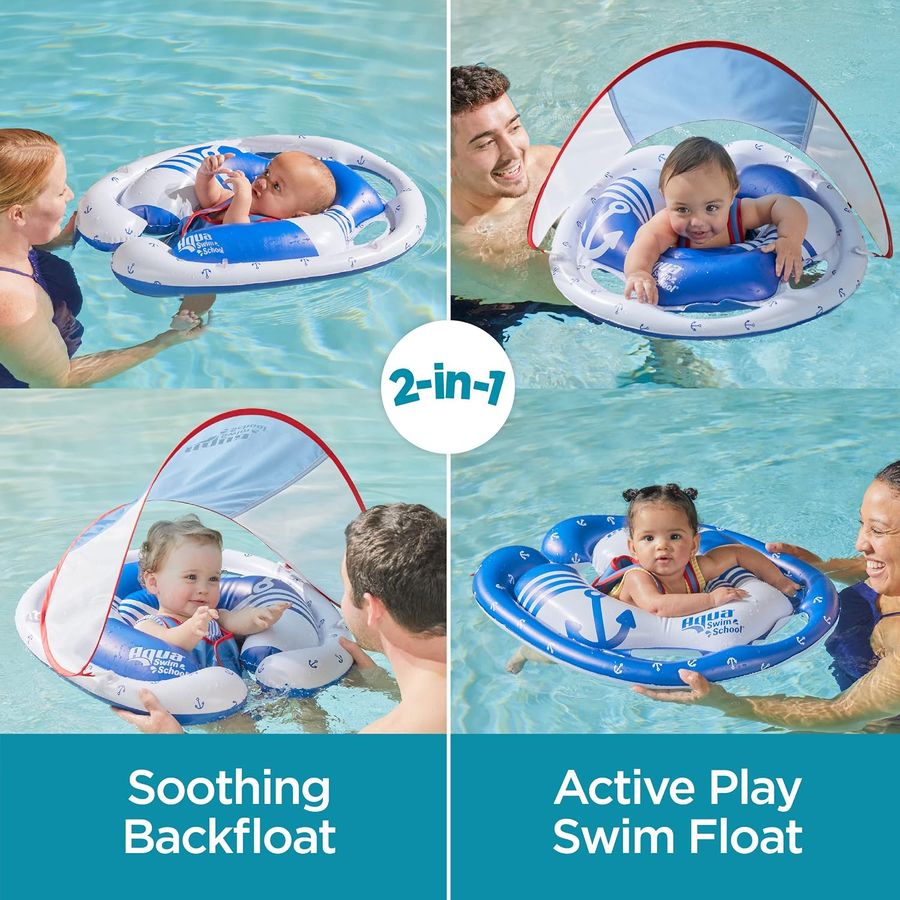 SwimSchool Freestyle Swimmer Baby Pool Float with Sunshade Canopy, Red-White-Blue Nautical — view 3