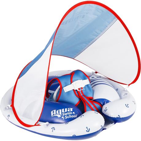 SwimSchool Freestyle Swimmer Baby Pool Float with Sunshade Canopy, Red-White-Blue Nautical