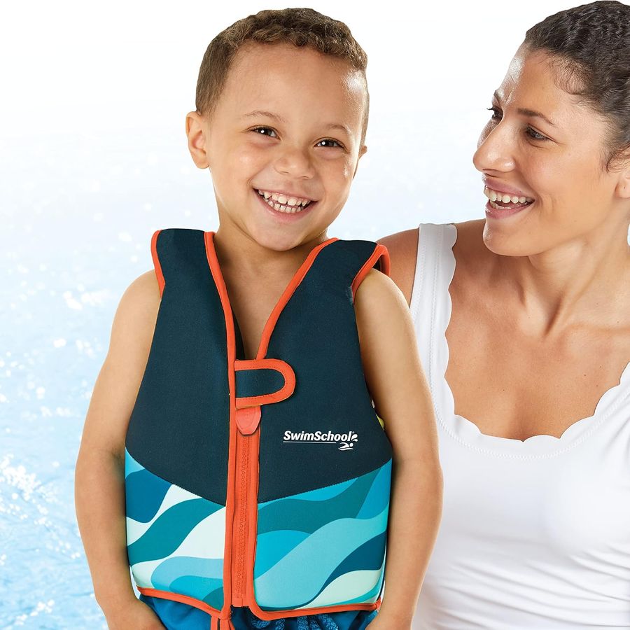 SwimSchool Neoprene Premium Swim Trainer Vest, M/L, Blue/Black/Green Wave — view 3