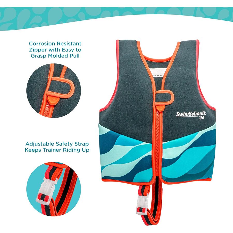 SwimSchool Neoprene Premium Swim Trainer Vest, M/L, Blue/Black/Green Wave — view 4