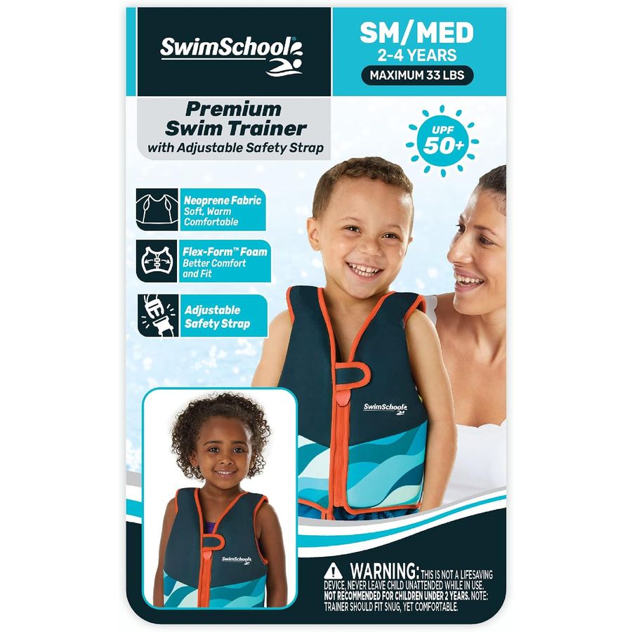 SwimSchool Neoprene Premium Swim Trainer Vest, Small/Medium, Blue/Black/Green Wave — view 2
